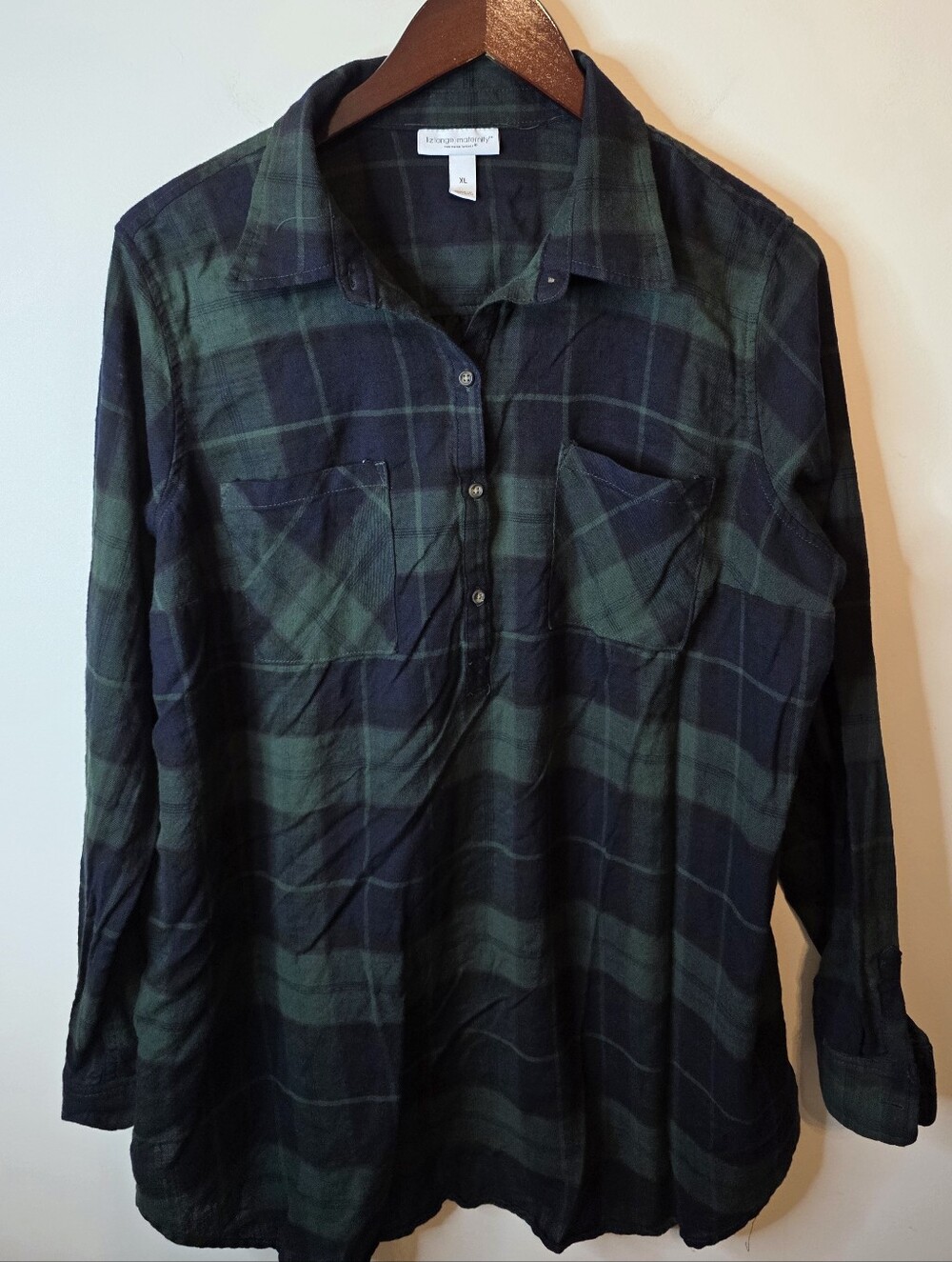Liz Lange Maternity Green Navy Plaid Flannel Boyfriend Tunic Size XL - Picture 1 of 11